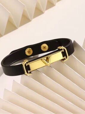Black Leather Bracelet with Gold V Logo Accent